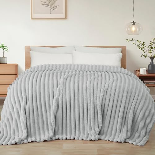 Exclusivo Mezcla Couverture Plaid à Rayures, 150 x 200 CM, Gris Clair | Jeté de lit, canapé, voyage, polaire, léger, doux en tissu jacquard, respirant, polyester, confortable toutes saisons