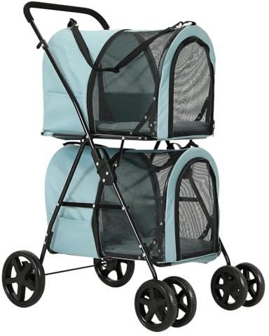 Hundebuggy Hundewagen Katzenwagen Doppelter Haustier-Kinderwagen Für Kleine Und Mittelgroße Hunde, Hunde- Und Katzen-Kinderwagen, 2 Abnehmbare Träger, 4 Feststellbare Räder, Zusammenklappbarer Wagen H