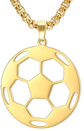 TEAMER Soccer Necklace Stainless Steel Soccer Ball Pendant Unique Sports Jewelry For Teens Boys Men Women Sport Players Soccer Lover (Large Soccer Necklace - Gold)
