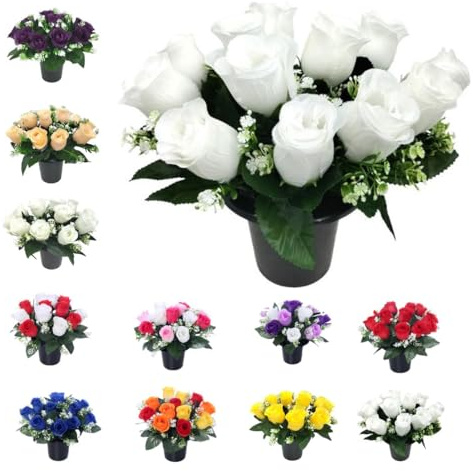 Mr. Barry's Rose Fleurs artificielles dans des pots de fleurs de tombe – Design réaliste, résistant aux UV et durable pour cimetière, présentations de tombe, funérailles, hommages commémoratifs