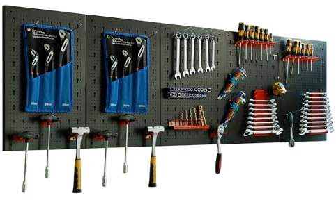 CCLIFE Pannello Porta Attrezzi Da Parete Con 43 Supporti Officina Forato Portautensili Stoccaggio 200 x 60 x 2 cm 5 Pezzi Espandibile Mensola da Parete Porta Attrezzi Nero