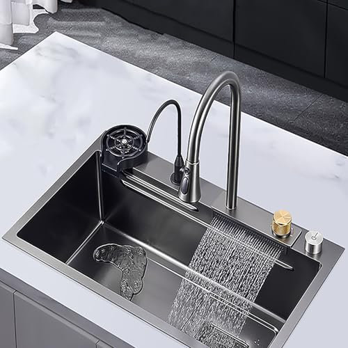 Fregadero Cocina, Fregaderos de Acero Inoxidable Negro con Escurridor Triangular, Fregadero Bajo Encimera Modernos con Grifo, Fregadero en Cascada Multifuncional con Tabla de Cortar(75*45cm)