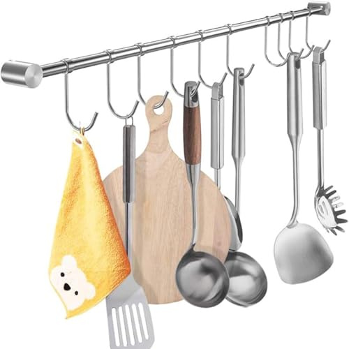 MOVNUOCA Estante colgante de pared para ollas y sartenes de 21 pulgadas, acero inoxidable 304, resistente a la corrosión, ahorro de espacio, fácil instalación, 10 ganchos deslizantes, 1 paquete (21