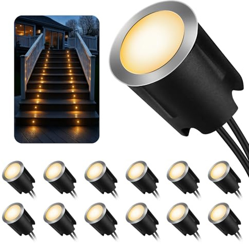 LED Recessed Deck Lights with Protecting Shell, IP68 Waterproof Warm White, 0.6W , Outdoor Landscape Lighting, 12V Low Voltage Deck Lights Kit for Garden Yard Step Riser Stair Decoration, 12 Pack