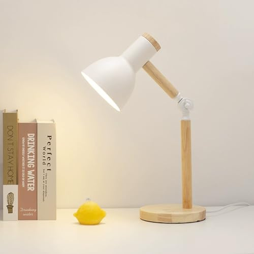 Mkichi Nachttischlampe Holz,Tischlampe Vintage mit Kabel,Schreibtischlampe Kinder, LED Tischlampe Wohnzimmer,Augenschutz Tischleuchte Leselampe,Tischlampe E27 für Schlafzimmer,Büro,Geschenk (Weiß)