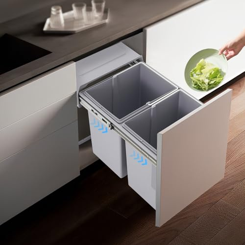 DHQCQL Pattumiera estraibile da 20 l, con 2 scomparti, pattumiera da incasso con guide telescopiche, pattumiera da cucina per case, ristoranti, uffici, bagni, cucine, grigio, 49 x 35 x 43 cm