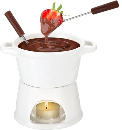 SUMNACON Keramike Schokofondue-Topf-Set 2 Gabeln, Schoko Fondueset Käsefondue für Schokolade Käse Fondue Familienessen Nachtisch Picknicks Geburtstagsfeiern Urlaubsfeiern Weiß 300ml