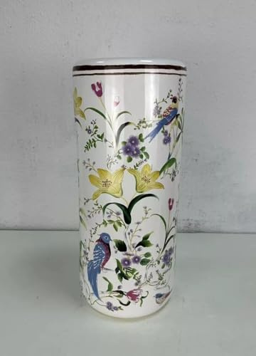 MAISONICA Ceramic Umbrella Stand Stick Holder Patterned 44cm Tall Round w Floral Birds