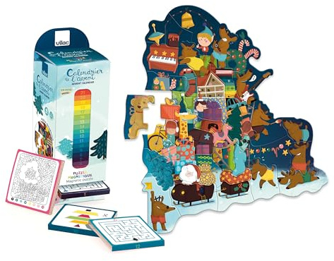 VILAC - Adventskalender Puzzle mit 48 Magneten – Dekoration & Geschenke – 1 Ständer aus Karton zum Befestigen an der Wand – Lernspiele für Kinder aus Holz – Spielzeug für Kinder ab 3 Jahren – 1225