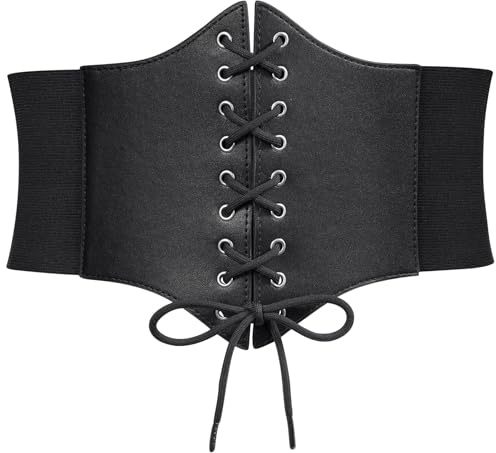 LEACOOLKEY Breiter elastischer Korsett für Damen, Vintage, mit Schnürsenkeln, Waspie-Stil, für Kostüme und Kleider, Schwarz , 113cm(Misura vita 120cm-129cm)
