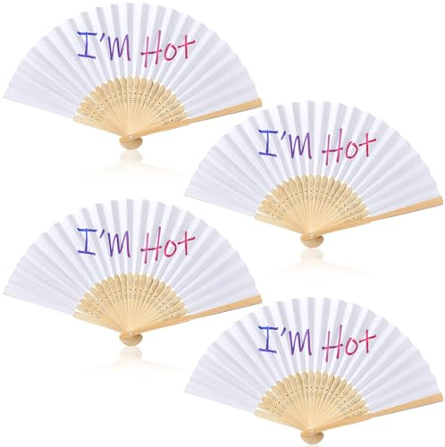 Namalu 4 Stück Handfächer mit Spruch I'm Hot Papier Fächer Sommer Holz Klappfächer Fächer Festival Faltfächer Set Portable für Hochzeit Fotografie Party Strand Bar Sauna Outdoor 21cm Beige