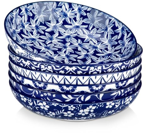 vancasso SELENE 50 oz Large Pasta Bowls Set of 6, Porcelain Serving Bowls, 9.5 Inch Wide Shallow Salad & Soup Bowls, Kitchen Pasta Plates, Microwave and Dishwasher Safe, Blue White Floral Design