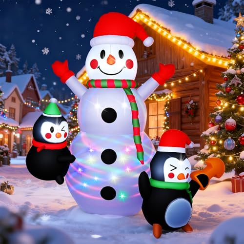 GuKKK 6,89 Fuß/2,1M Schneemann Aufblasbar mit Bunte LED Beleuchtet, Schneemann Aufblasbar mit Pinguin, Weihnachtsdeko Aussen, Weihnachtsdeko Aufblasbar für Außen Innen Garden Rasen Hof