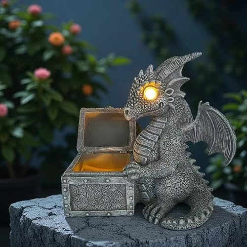YZYOE LED Solaire actionné Dragons Ouverture trésors boîte lumière, Lampe de décoration atmosphère extérieure, Mignon résine Dragon Jardin lumières de Paysage.