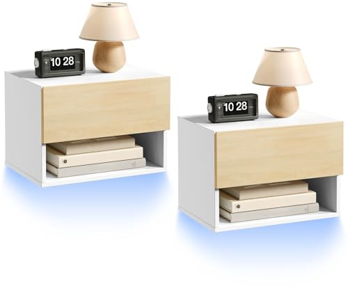 HOOBRO Schwebende Nachttische mit RGB-LED-Streifen, 2er-Set, wandmontierte schmale Beistelltische mit Schublade und Fach, Sofatische, für Schlafzimmer, Wohnzimmer, Weiß und Natur EWN202DBZP201