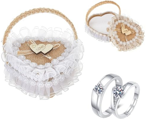 FengYour Coussin Alliance Mariage,Porte Alliance Mariage, Porteur Oreiller Anneau Rustique Mariage Coussin Porte-Alliance en Dentelle avec des Perles Couleur Ivoire,Boite Alliance Mariage