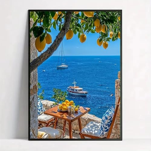 DAMAIART Italienisches Zitronenbaum-Boot, Seelandschaft, Retro, mediterrane Landschaft, Poster, Leinwandgemälde, Wandkunst, Bilder, Heimdekoration (50 x 70 cm, rahmenlos)