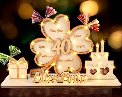 40 Geburtstag Frauen Männer - Holz Geldgeschenke Geburtstag 40 mit Lichterketten Grußkarte, 40. Geburtstag Lustige Geschenke zum 40. Geburtstag Frauen Männer, Deko 40. Geburtstag Frauen Mann