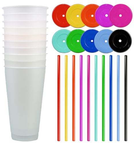 CYH 10 Pcs Reusable Plastic Tumblers with Lids & Straws - 24oz Cute Colour Changing Cups, Bulk Iced Coffee Cup Party Tumbler Set Travel Cups for Kids Adults Party Smoothie Cup Travel Mugs