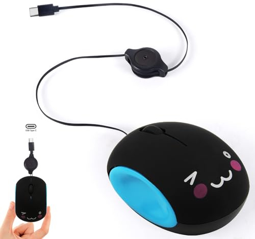 Mini Maus USB C Corded Retractable 80cm Kabel, Kleine Computermaus 1200D-PI optische mit Typ-C Einziehbarem Kabel, Leiser Klick, Für Links- und Rechtshänder Travel PC Laptop,Notebook,Desktop,MAC Blau