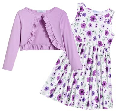 Arshiner Mädchen Kleid mit Strickjacke Set für 5-14 Jahre | Baumwolle, Drucken, Swing, Freizeit, Elegante, Bequem, Weich, Ärmelloses Kleid mit Langarm Ruffle Mantel