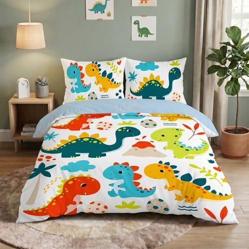 ZZXHG Dinosaures Colorés Parure de Lit 140x200 cm avec 2 Taies d'oreiller 65x65 cm Dessin Animé Animaux Dinosaure Housse de Couette avec Fermeture Éclair Doux Microfibre Literie pour Garçons Filles