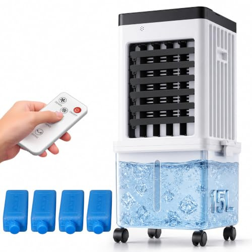 Refrigerador de aire evaporativo móvil 15L, 3 en 1, ventilador humidificador con mando a distancia, sin evacuación, 3 velocidades, 3 modos, oscilación 120°, temporizador 7,5H para casa oficina