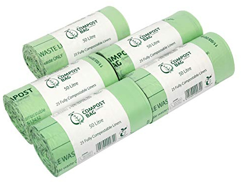 50 Litre x 125 bags Compost Bag Compostable Kitchen Bin Liners - Food Waste Bin Liners - EN 13432 - Compost Bag 50L Swing-Bin Bags with Composting Guide