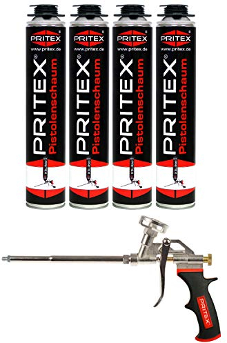 PRITEX – Bauschaum Set aus 4 x 750 ml Pistolenschaum inkl. Schaumpistole – Montageschaum zum Verfüllen, Dämmen & Abdichten – PU-Schaum mit hervorragender Schall- & Wärmedämmung – Bauschaum