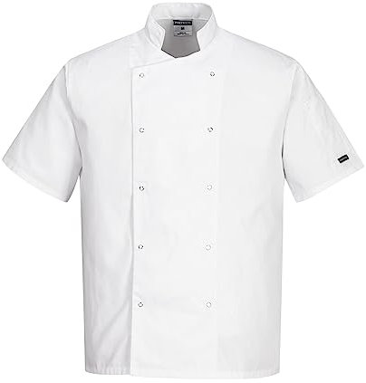 Portwest C733 Men's Cumbria Chef Jacket Lightweight Short Sleeve Durable Workwear Multi Functional Apron with Sleeve Pocket Machine Washable, White, M