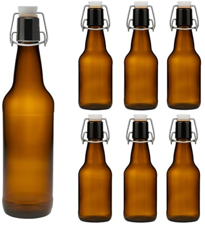 hocz 6x leere Bügelflaschen 500ml zum Befüllen Braun - kleine Flaschen mit Bügelverschluss - 6er Bügel Glasflaschen Set für Bier, Saft, Getränke, Likör, Öl, Saucen - 6 Stück, 500 ml, Braun