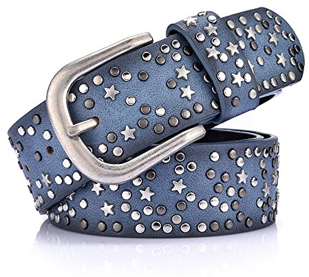 Cheerlife Damen Leder Gürtel mit Nieten besetzt Stern Dekoration Jeansgürtel, kürzbar, Breite 3,8cm (Blau)
