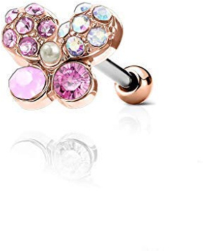 Tapsi´s Coolbodyart® Ohr Cartilage Tragus Barbell Edelstahl Chirurgenstahl 316L Roségold Kristall Opal Schmetterling