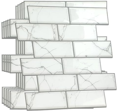 WALPLUS White Marble eclectric 3D Metro Sticker Tiles 30 x 15cm Premium Wall Splashbacks Mosaics, Self Adhesive, Glass Effect, Peel and Stick, Bathroom Decoration, DIY, Kitchen Décor