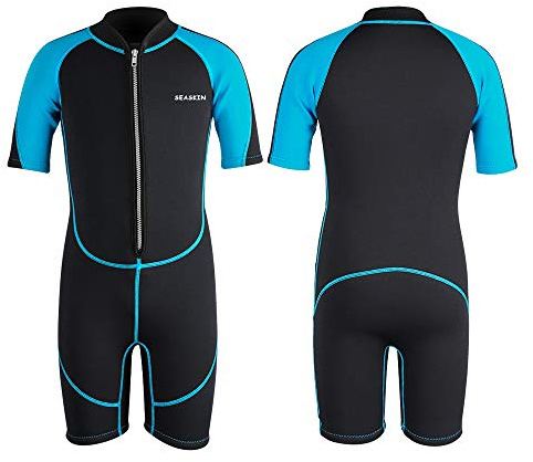 Seaskin Kids Wetsuit for Boys Toddlers, 2mm Front Zipper Shorty Wetsuits, Neoprene Thermal Swimsuits for Diving Surfing Swim Lessons Size 4