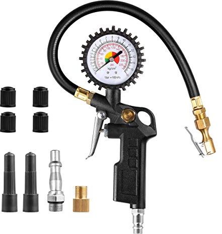 CZC AUTO Multifunction Tyre Pressure Gauge with Tyre Inflator, 220 PSI with Brass Air Chuck, Compressor Accessories with Rubber Hose & Quick Male Coupling