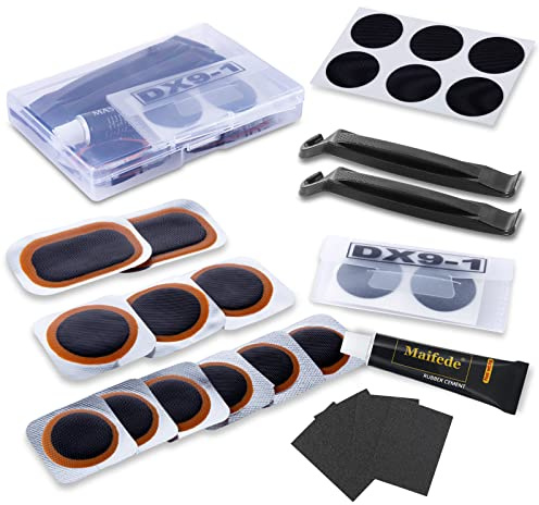 Bike Inner Tire Patch Repair Kit 17Pcs - with 11 PCS Vulcanizing Patches, 6 PCS Pre Glued Patchs, Portable Storage Box, Metal Rasp and Lever - Also for Motorcycle, BMX and Inflatable Rubber.
