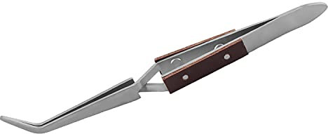 Utoolmart Pinzas de acero inoxidable con cierre cruzado de mango de madera, acción inversa doblada para electrónica, joyería, laboratorio, pasatiempo, 1 pieza
