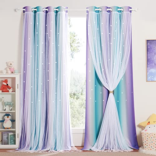 NICETOWN Kindervorhänge Junge Verdunkelungsvorhang Kinderzimmer 2 Stücke Blickdichte Gardinen mit Hohlen Sternen und Voile Curtains mit Ösen H 240 x B 132 cm, Blau+Lila