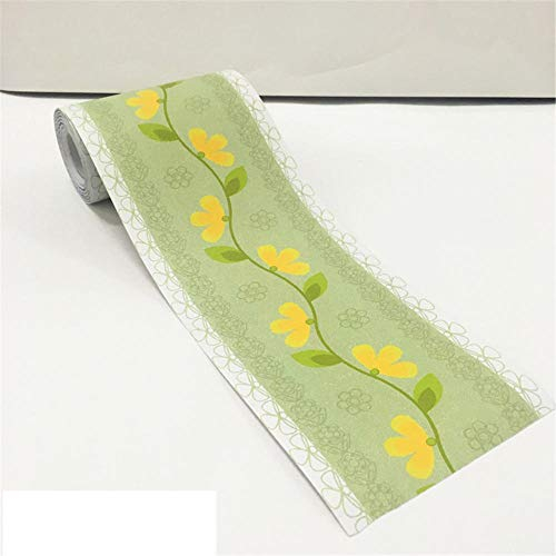 Tapetenbordüre selbstklebend zum Aufkleben für Wohnzimmer Küche Badezimmer Abnehmbare Wasserdicht Bodenleiste PVC Dekorative Bordüre Kleine gelbe Blumen auf grünem Hintergrund 10.6cm X 1000CM