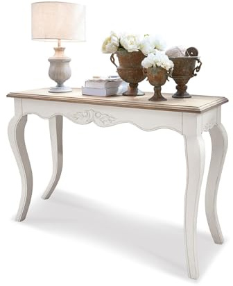 Loberon Konsole Bellerose, Hochwertige Handwerkskunst, Elegante Landhausverzierungen, Handgedrechselte Beine, White-Wash-Finish, Konsolentisch, Mangoholz, antikweiß/braun