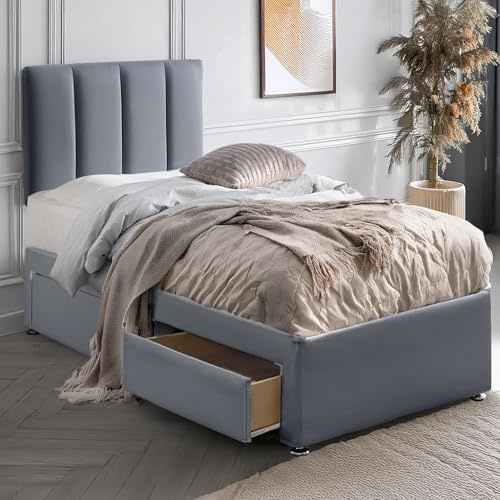 ComfoRest Divan 3FT Single Bed with Mattress Included and Storage, Grey | Made in Britain | 91.5 x 190.5cm | medium-firm mattress included and ready to sleep on | upholstered plush fabric