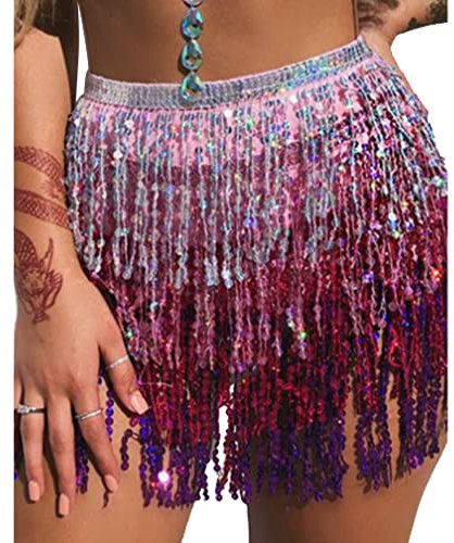 Bauchtanz Quaste Fransenrock Sexy Pailletten Rock Outfit Rave Rock Hüfttuch Kostüme Hip Glitzer Rock Franse Rock Glitzer Rock Karneval Kostüm (Einheitsgröße,Silber+Rot+Lila)
