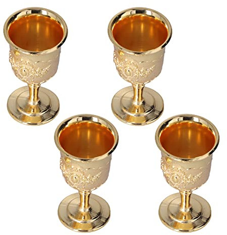 Beufee 4Pcs Vintage Wine Cups, 1.5 x 2.7in Mini Vintage Chalice Goblet, Metal Embossed Wine Goblet Chalice European Retro Ornaments for Traveling Decoration Collection