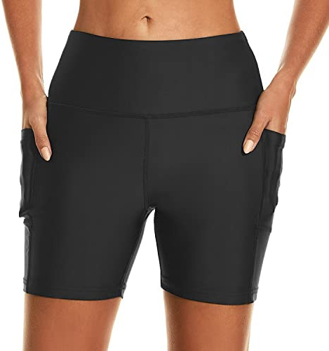 HODOSPORTS Women's 5'' Swim Shorts UPF 50+ High Waisted Board Shorts with Pockets Liner Quick Dry Swimsuit Bottoms Black XXL
