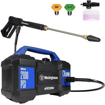 Westinghouse ePX3100v Electric Pressure Washer, 2100 Max PSI 1.76 Max GPM, Built-in Carry Handle, Detachable Foam Cannon, Pro-Style Steel Wand, 4-Nozzle Set, for Cars/Fences/Driveways/Home/Patios
