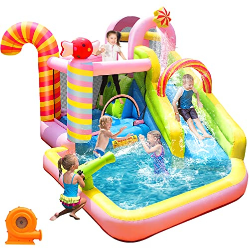 6-in-1 Candy Water Park, Inflatable Bounce House with Slide for Kids Ages 3-12 - Indoor/Outdoor Bouncy Castle with 450W Blower, Quick Setup for Summer Parties