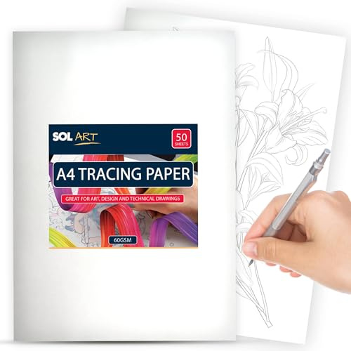 SOL 50 ark spårningspapper A4 60 gsm för design och tekniska ritningar, utforska kreativitet med A4 genomskinligt papper för ritning och skissning, klädtillverkning och överlägg (29,8 cm x 21 cm)