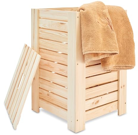 PINUS - Wäschekorb mit Deckel aus Holz, 35x35x55 cm, Luftiger Wäschebehälter mit Griffen, Wäschesammler Kapazität 67l, Waschesammelbox, Natural Farbe, Kieferholz