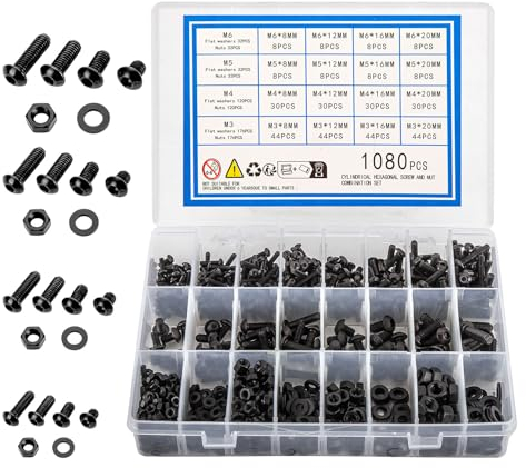 KOXXIAMOQ 1080 Pcs M3 M4 M5 M6 Nuts and Bolts and Washers Set, Hex Socket Head Cap Machine Screws, Stainless Steel Pan Hex Button Head Bolts and Nuts and Washers Fastener Assortment Kit